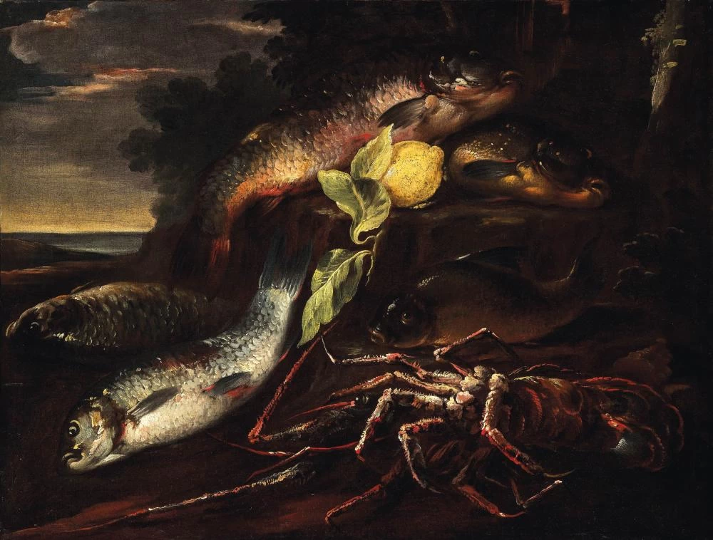 Natura morta con pesci, crostacei e limone